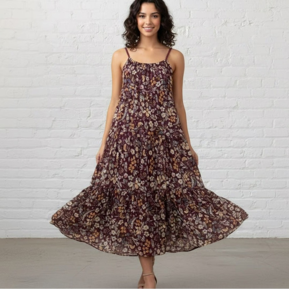 Elegant Floral Silk Blend Brown Maxi Dress